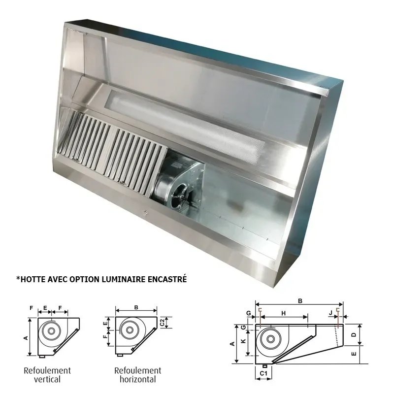 Furnotel - Hotte dynamique avec refoulement vertical - Avancée 1188 mm - Longueur 1000 mm - Hauteur 400 mm - D31210V