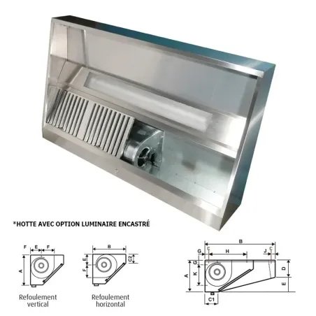 Furnotel - Hotte dynamique avec refoulement vertical - Avancée 1188 mm - Longueur 1000 mm - Hauteur 400 mm - D31210V